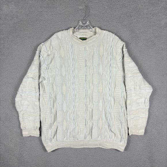 O'Hanlon Mills Knit Sweater Men’s Large Ivory Green Coogi Style 3D 90s Retro - Picture 1 of 13